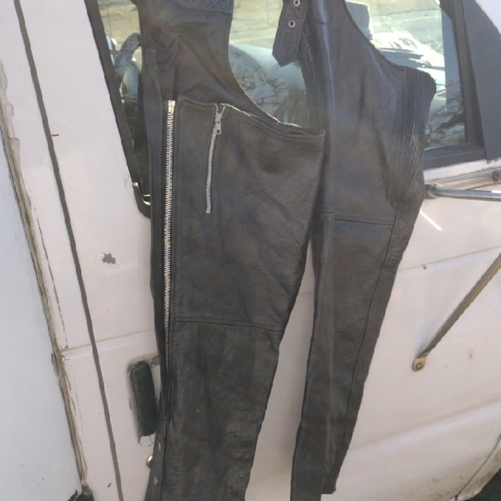 XElement Black Leather Motorcycle Chaps Size 14